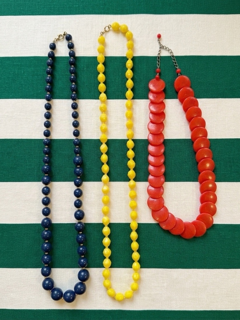 Vintage Celluloid Bead Necklace Lot Retro Mod Pop Art Red Yellow Navy For Summer